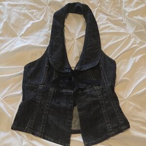 Dark Denim Halter Vest with Tie Front - Women